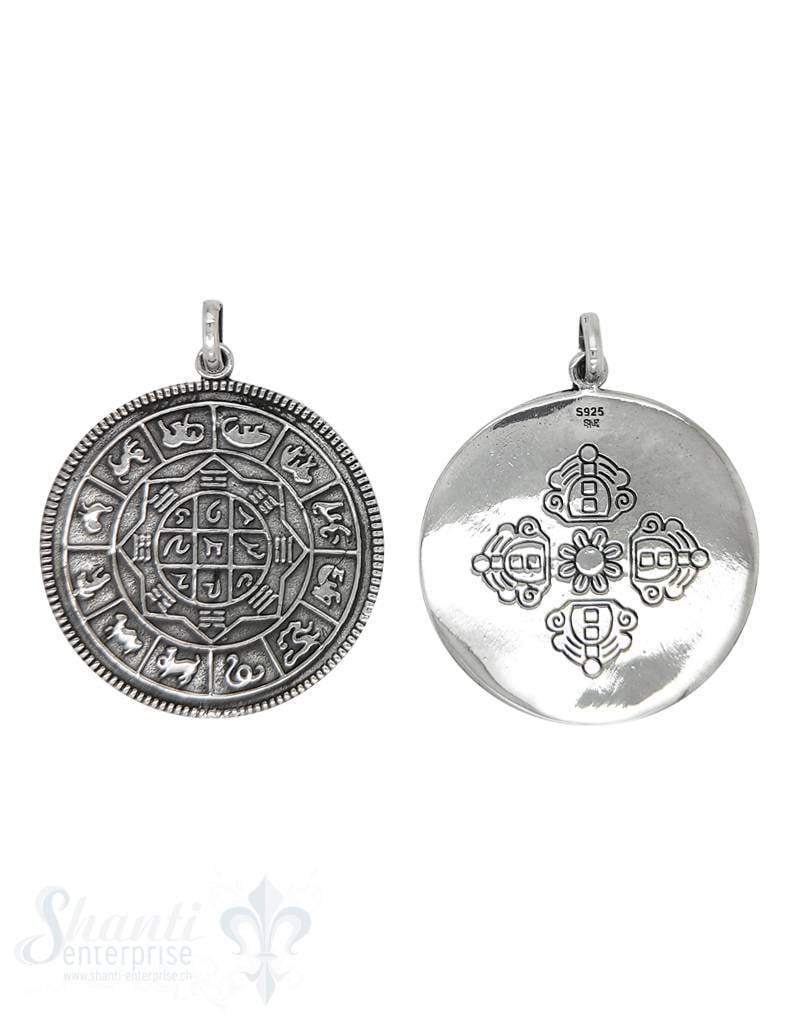 Anhänger Silber Amulett geschwärzt Sternzeichen 39mm mit Öse oval Hinten keltisches Kreuz