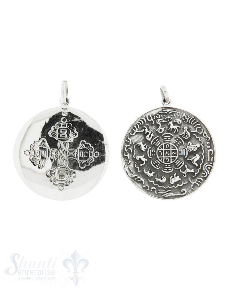 Anhänger Silber Amulett geschwärzt Sternzeichen chinesisch 39mm mit Öse oval Hinten keltisches Kreuz