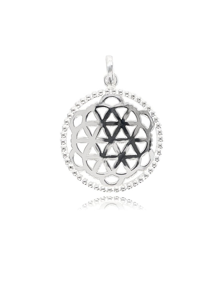 Blume des Lebens Anhänger durchbrochen Ornament eingefasst Rand mit Punkten Öse oval 3.5×3 mm Silber 925 - Shanti Enterprise AG