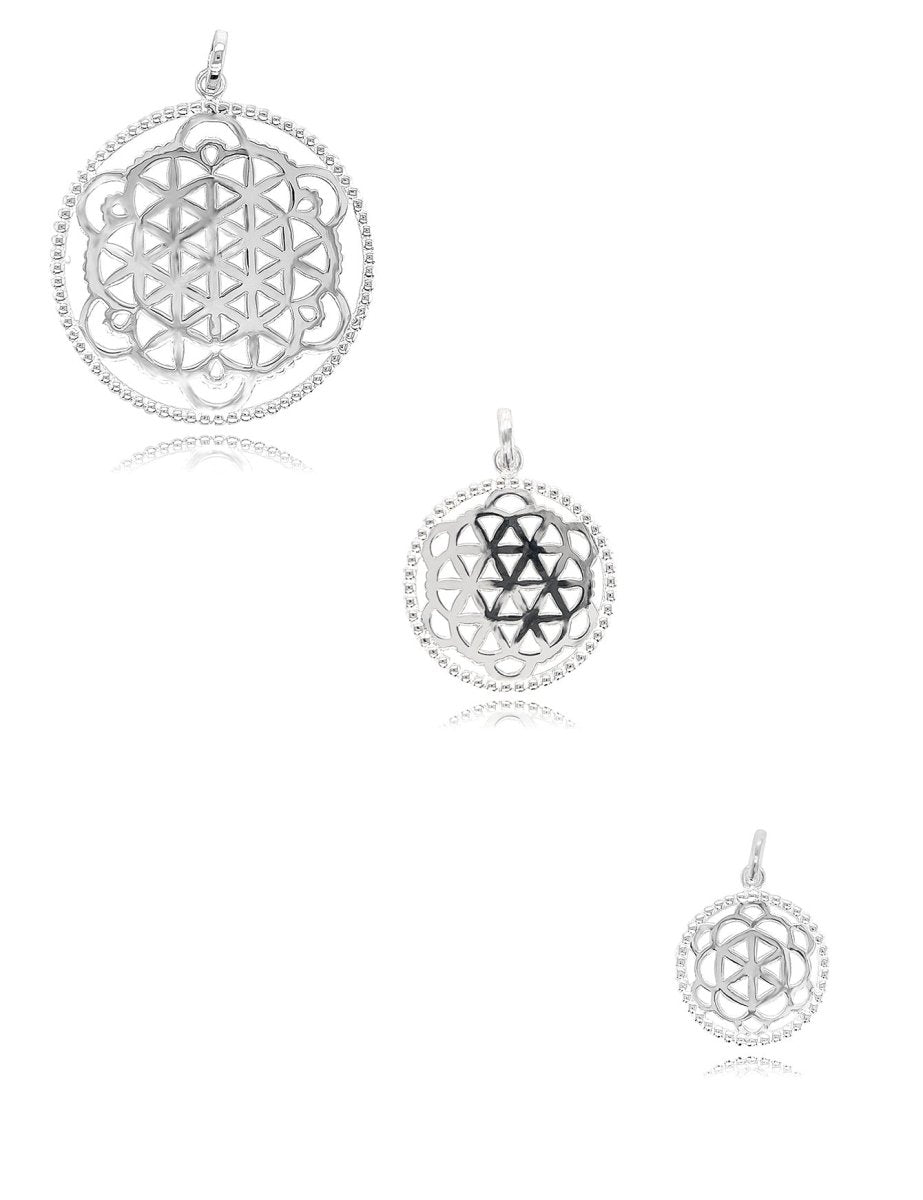 Blume des Lebens Anhänger durchbrochen Ornament eingefasst Rand mit Punkten Öse oval 3.5×3 mm Silber 925 - Shanti Enterprise AG