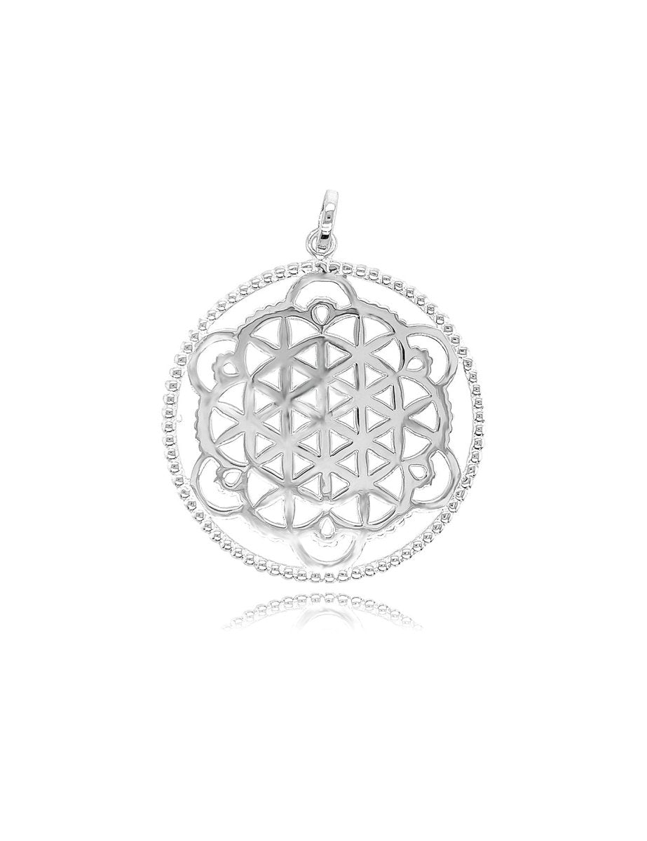 Blume des Lebens Anhänger durchbrochen Ornament eingefasst Rand mit Punkten Öse oval 3.5×3 mm Silber 925 - Shanti Enterprise AG