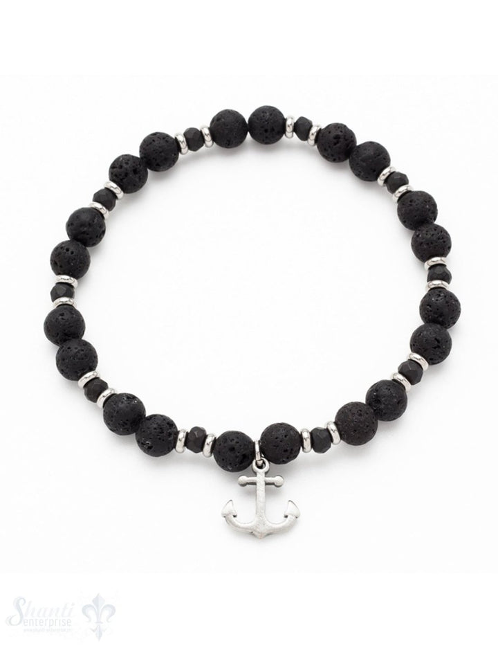 Herren-Armschmuck mit Stahl hell Lava 19 cm schwarz mit Stahlelementen und Anker auf Elastik - Shanti Enterprise AG