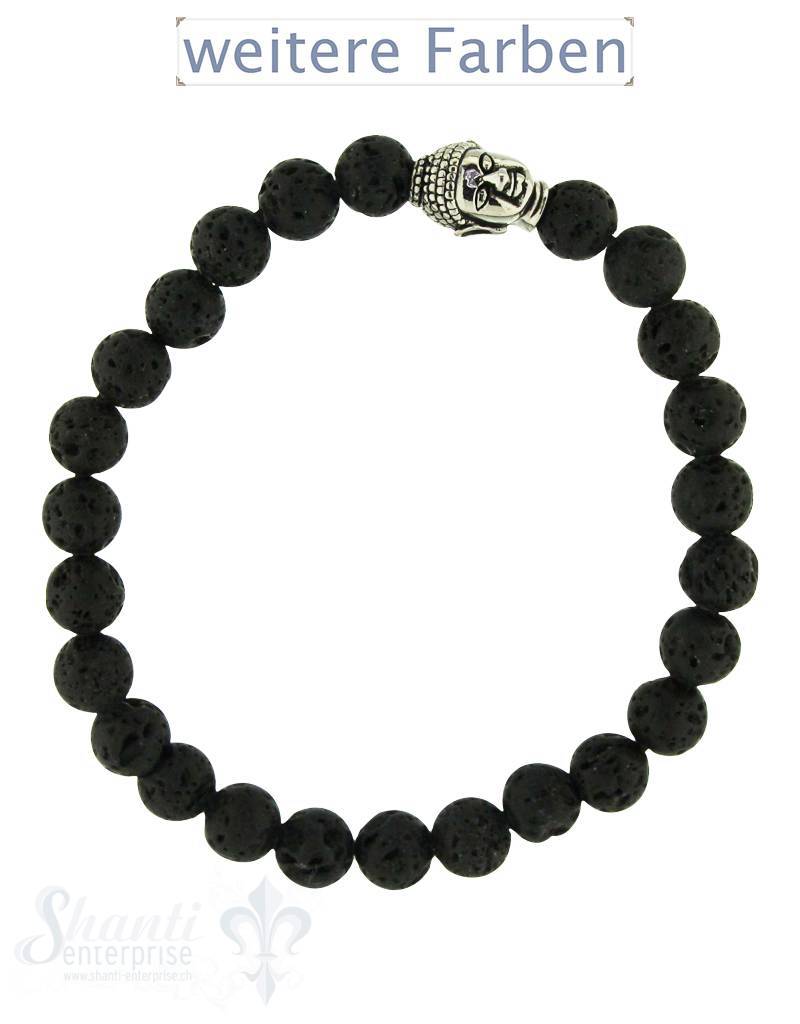 Herren-Armschmuck:Braclet mit Elastik,Dumortierit 8 mmmit Zw:Buddhakopf u.Teil aus Stahl 70 mm - Shanti Enterprise AG