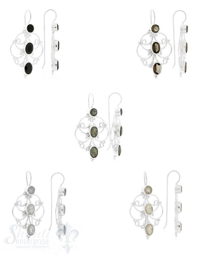 Ohrhänger mit Bügel: Si-Tropfenmuster filigran mit 3 Steinen 23x38 mm - Shanti Enterprise AG