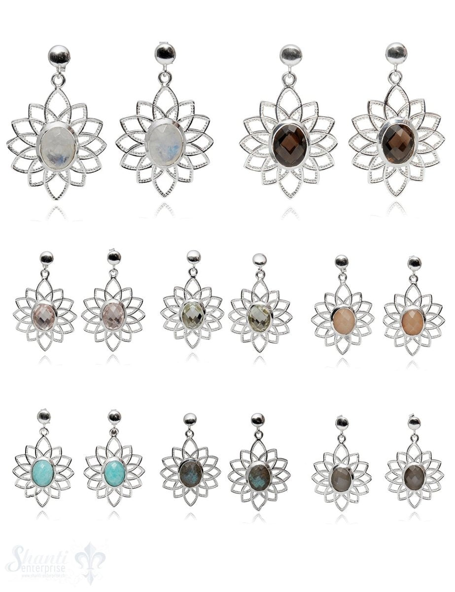 Ohrstecker 34 x 22 mm oval facettiert Blütenblätter Silber hell - Shanti Enterprise AG