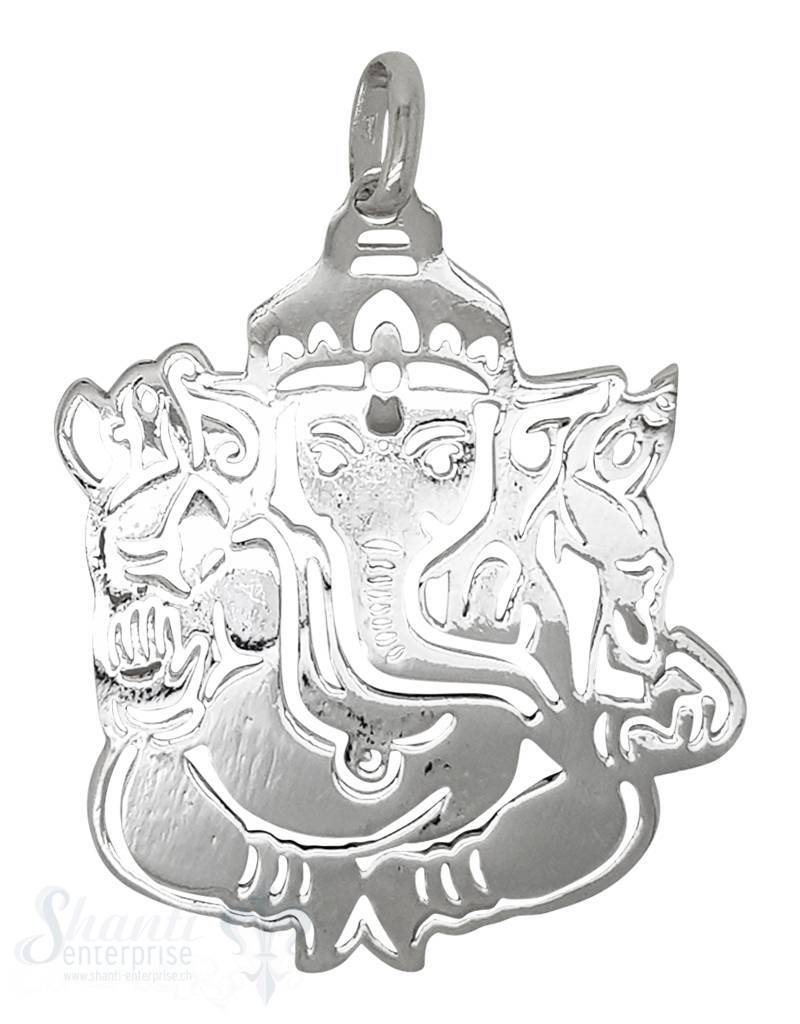 Silberanhänger Ganesh flach durchbrochen poliert fein mit Öse 45x35 mm - Shanti Enterprise AG